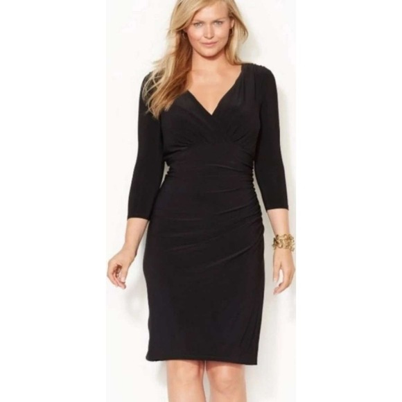 Lauren Ralph Lauren Black Faux Wrap Ruched V-Neck Dress 10P Petite 3/4 Sleeve - Picture 2 of 10